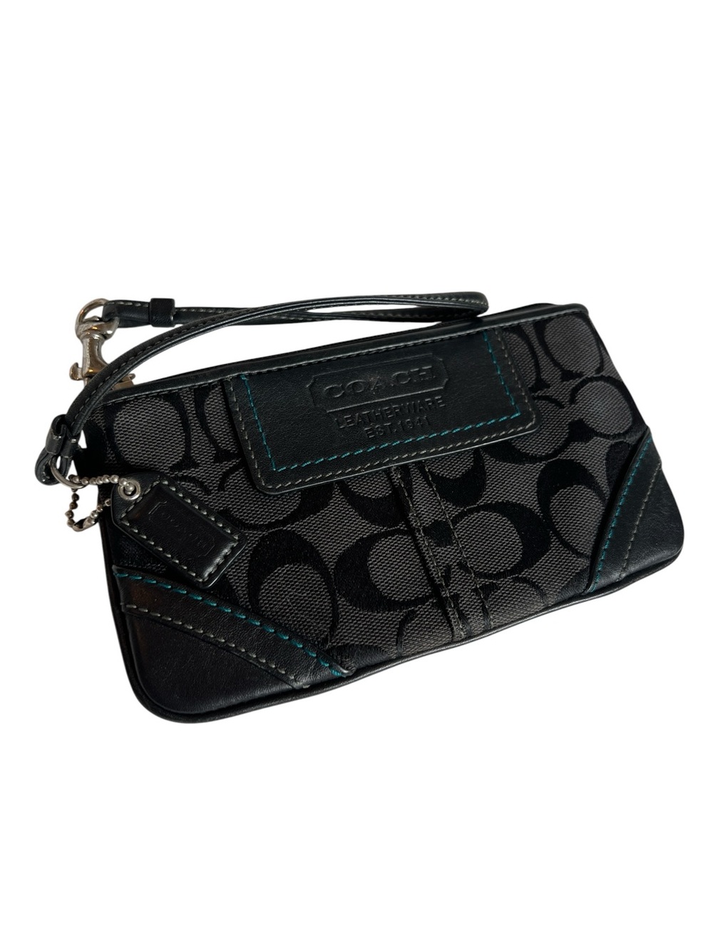 Vintage Coach Signature C Jacquard Wristlet Pouch - Black with Teal Lining